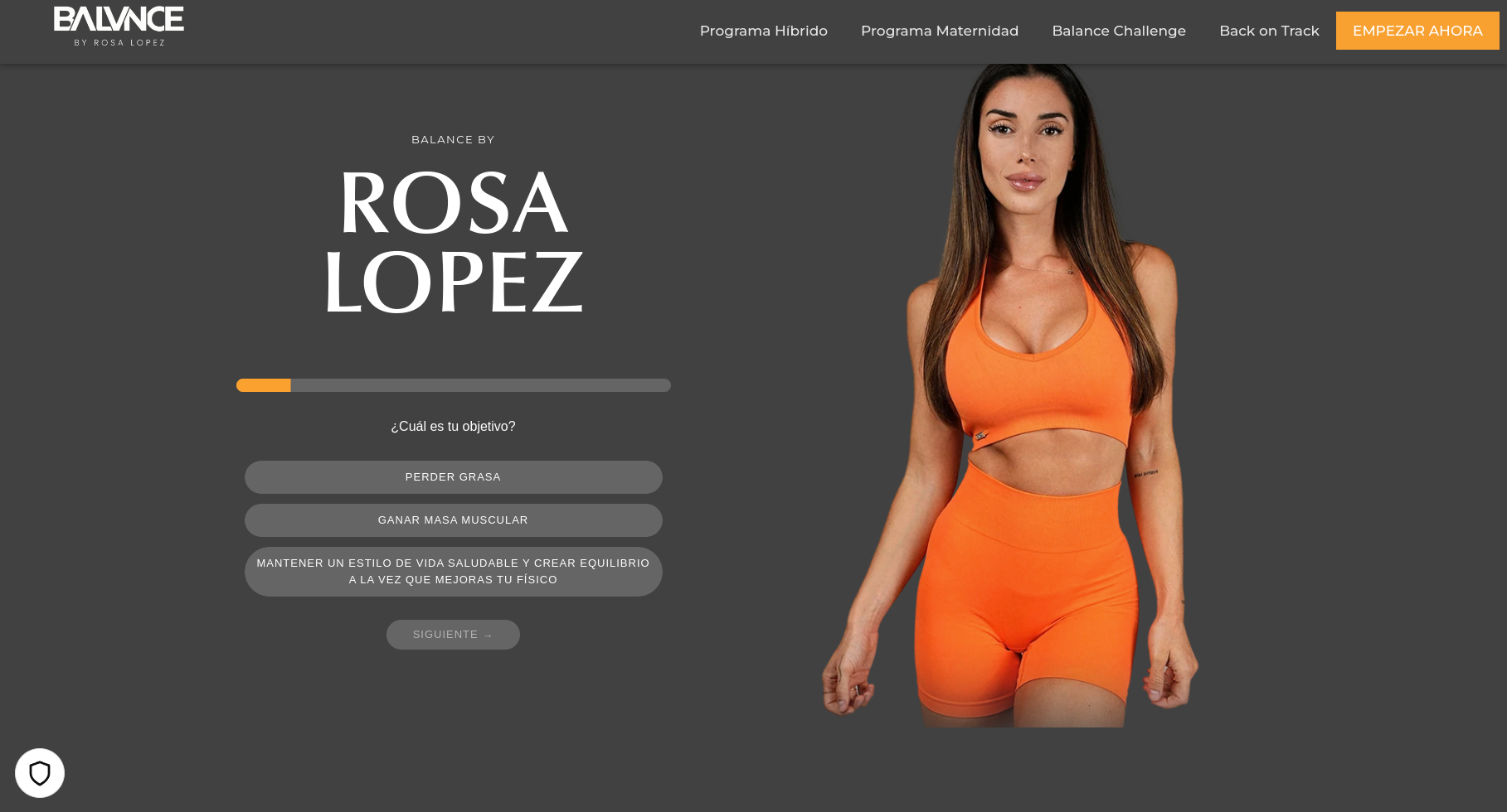 this is a screenshot of a website belonging to a fitness coach named rosa lopez. the website asks the user to choose their workout goal, "lose weight," "gain muscle," or "maintain a healthy lifestyle," then click on the "next" button. the image features rosa lopez in a workout outfit, standing next to a progression bar, with the options for the workout goals listed underneath it. the website is meant to provide coaching for fitness goals.  there are several buttons at the top of the image: "program híbrido," "programa maternidad," "balance challenge," "back on track," and "start now."
