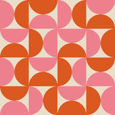 this image features a geometric pattern made of orange and pink semicircles on a light beige background. the semicircles are arranged in a repeating pattern that creates a sense of movement and energy.
