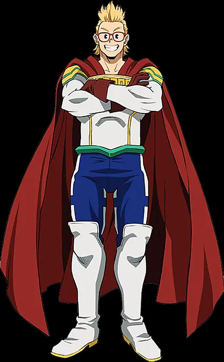a digital illustration of all might from the popular anime my hero academia. he is depicted in his iconic hero costume, which features a white and gold suit, a red cape, and white boots. he is also wearing glasses. he has a muscular physique and is standing with his arms crossed. he has a confident expression on his face.