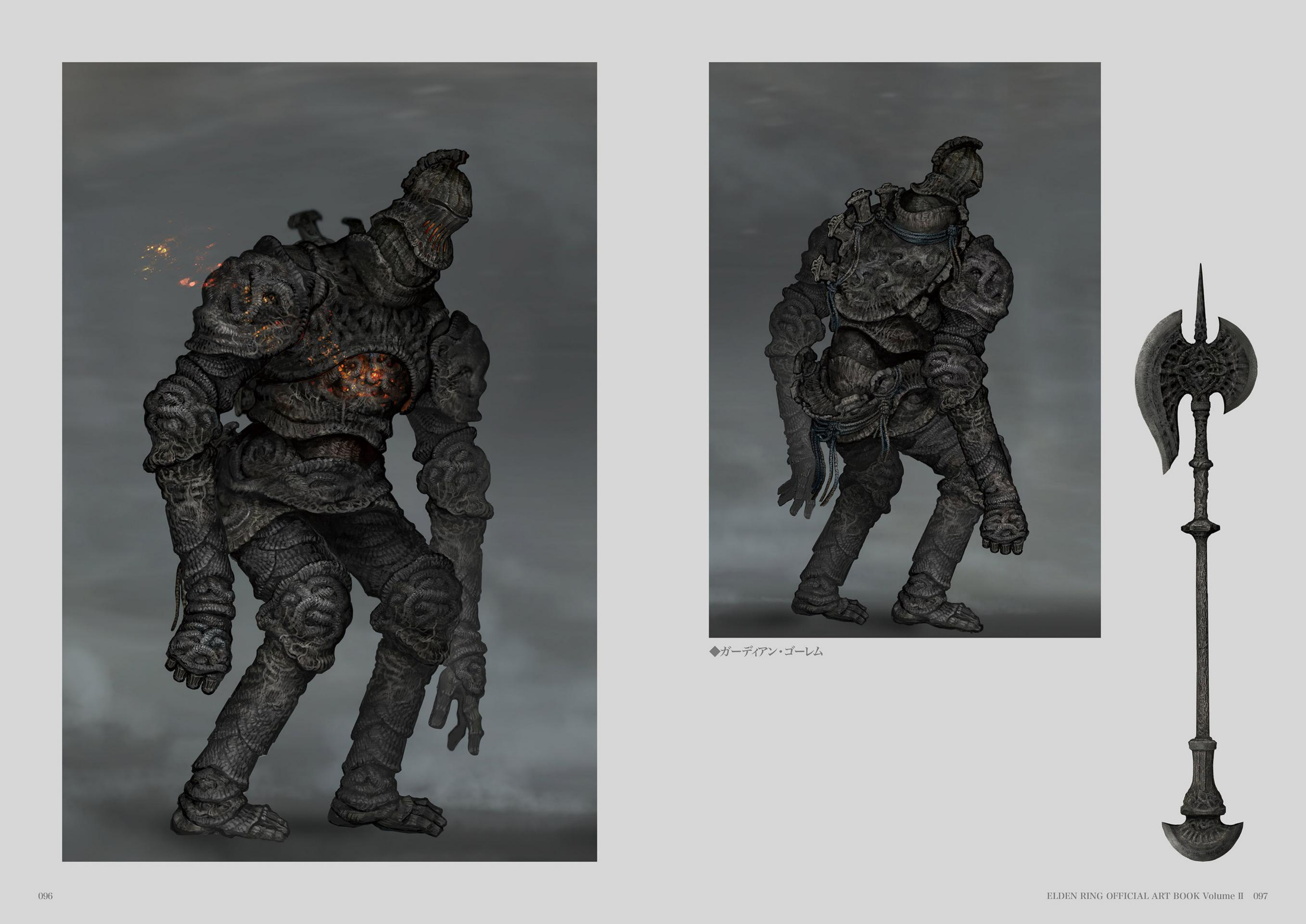 a digital illustration of a knight from the video game elden ring. the knight is shown in two views, front and back, with its weapon, a large axe, displayed separately on the right. the knight is clad in heavy, ornate stone armor with glowing cracks on the chest. the overall color scheme is dark and muted, emphasizing the game's grim atmosphere.