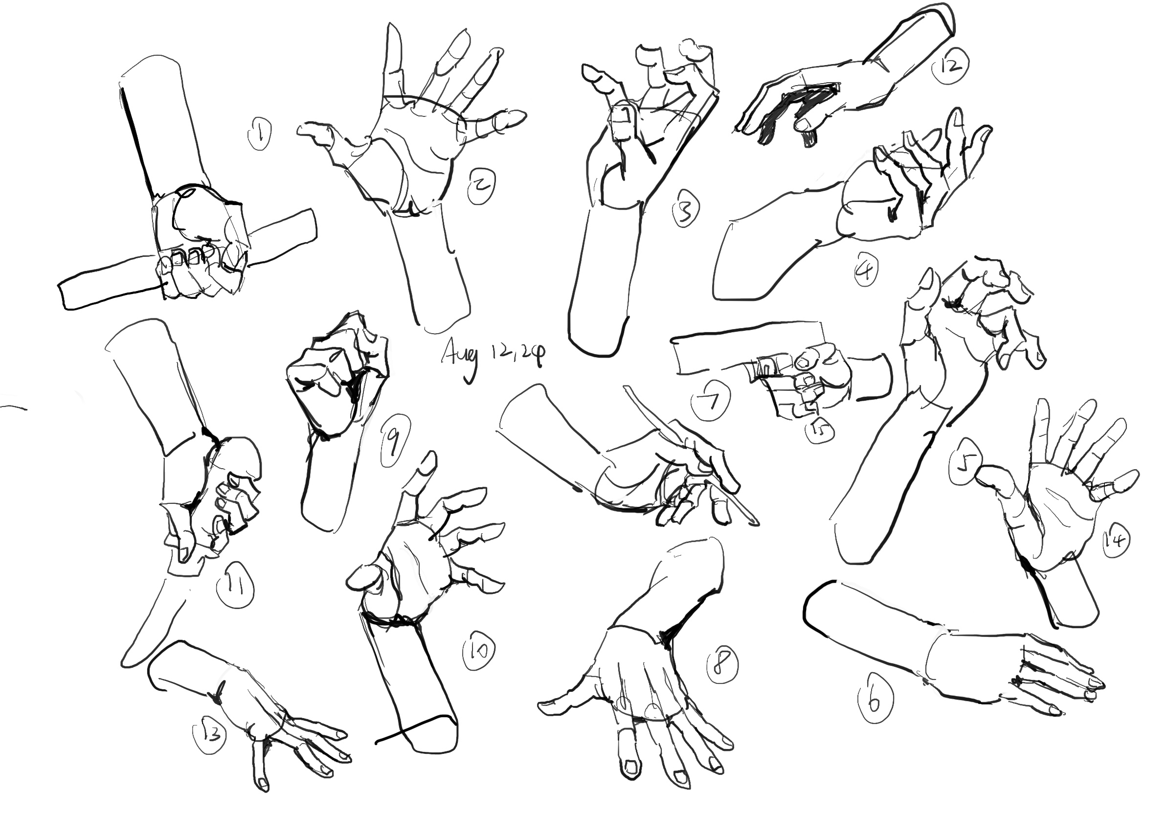 the image is a collection of hand drawings, likely from an artist's sketchbook. it appears to be an anatomy study focused on different hand positions and gestures. the drawings are done in a loose, sketchy style using primarily black ink.