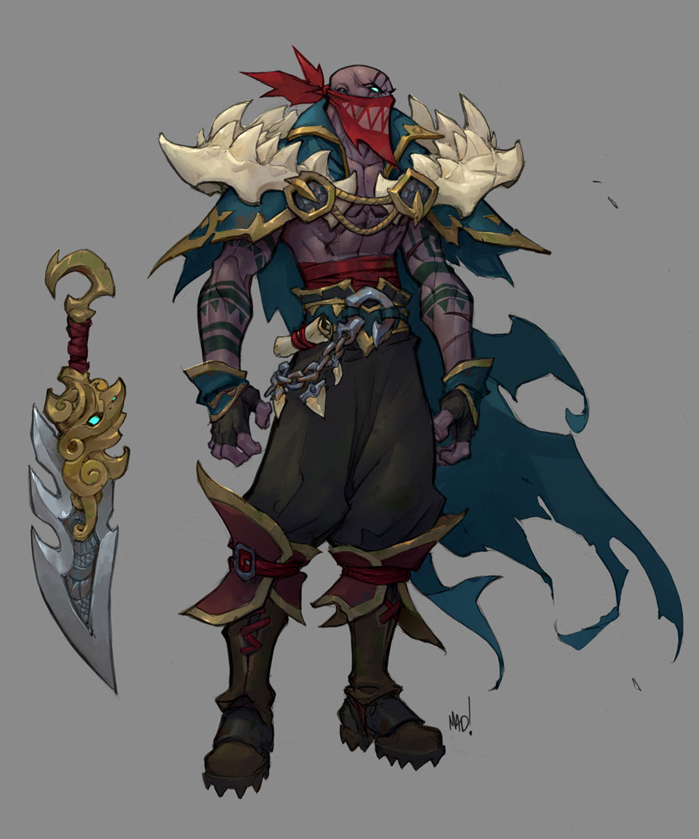 an illustration of a fantasy warrior character with a blue cape, red scarf, and  sword.  he has a tough and rugged appearance.