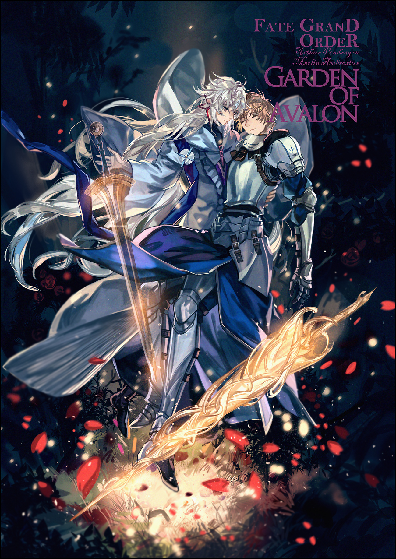 an illustration of two characters from fate grand order, an anime/manga series. the character on the left is a female knight with long white hair, wearing a white cloak and holding a sword. the character on the right is a male knight with brown hair, wearing a blue and white armor, with a golden lancelike weapon in his right hand. the two characters are standing on a forest background with a glowing light around them.