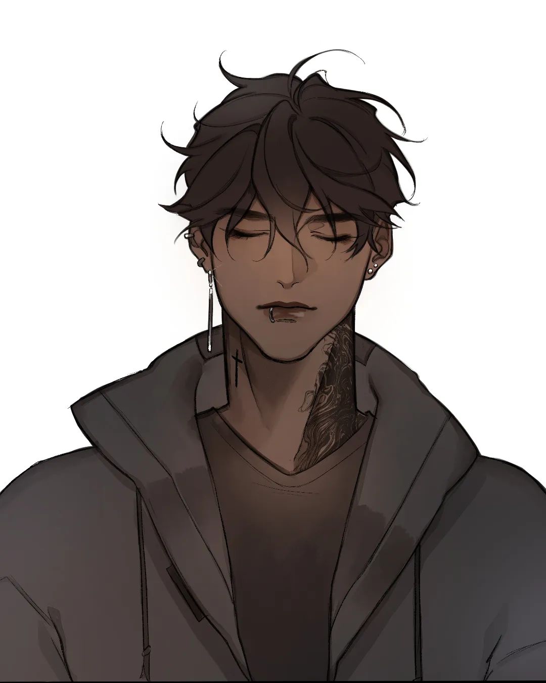 the image is a digital illustration of a young man with dark hair and brown skin. he wears a dark gray hoodie and has his eyes closed, conveying a sense of quiet contemplation or sadness. he has a noticeable tattoo visible on his neck and a cross earring dangling from his left ear. his lips are pierced, and he has subtle facial hair. the lighting is soft and warm, coming from slightly in front of him, casting soft shadows on his face.  the color palette is muted and desaturated, contributing to the overall moody and introspective atmosphere.