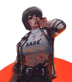 his is an illustration of a woman with short dark hair, wearing a white crop top that reads "rage" across the chest, an open plaid shirt, and lowslung pants with a large belt. there's blood on her face and torso, and she has a determined look on her face with one hand raised to her cheek. the background features a stylized red circle behind her.