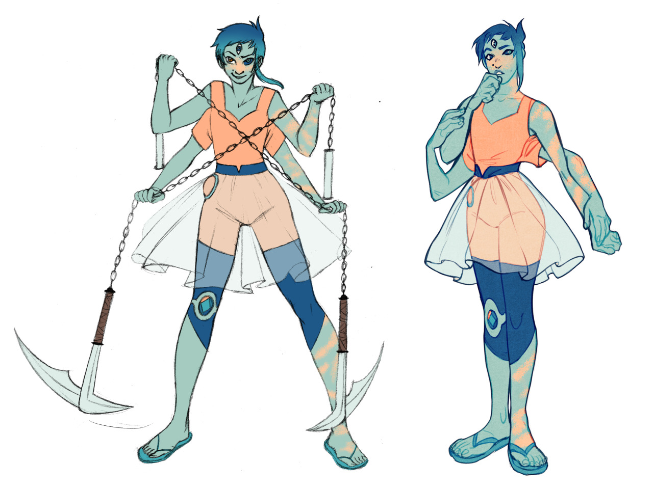 this image is a character design sheet or concept art, potentially fan art for the show "steven universe". it features a blueskinned female character with four arms, possibly a fusion of two or more gems. she is wearing a peachcolored crop top, a flowing white tutu, and teal leggings. she wields two pairs of nunchucks with sai blades attached. the sheet shows two poses: a dynamic threequarter view with weapons extended and a relaxed front view with one hand on her hip.