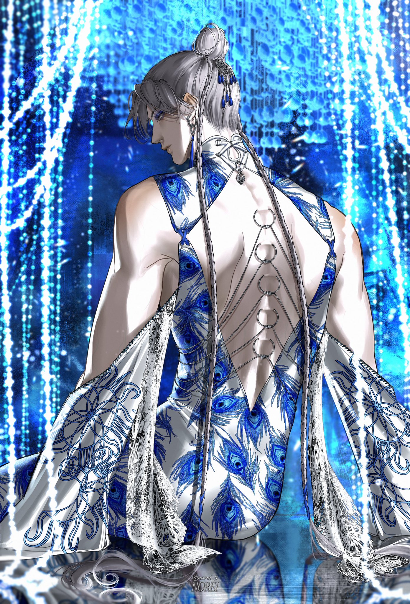 this is a digital art piece depicting an animestyle female character with long white hair. she is wearing a stunning blue and white dress with peacock feathers on it. the dress has a unique back design with silver rings. the character's pose is elegant, with her back to the viewer and her head turned slightly towards the camera. the background is a shimmering blue with sparkling lights and water reflecting. the overall feel of the image is ethereal and mystical.