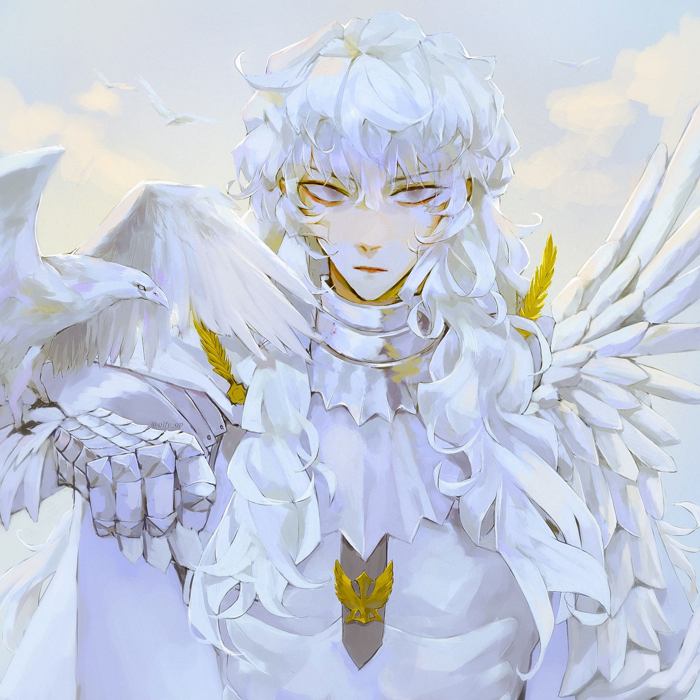 the image is a digital painting or fanart depicting a young male animestyle character. he has long, flowing white hair, and is dressed in white clothing that resembles armor, adorned with a golden emblem on the chest.  large, white angel wings sprout from his back, and he is gently holding two white doves. the overall style is soft and ethereal, with a pastel color palette and a serene, peaceful atmosphere.  the background is a light, hazy sky with a few clouds.  the character's expression is calm and slightly serious.