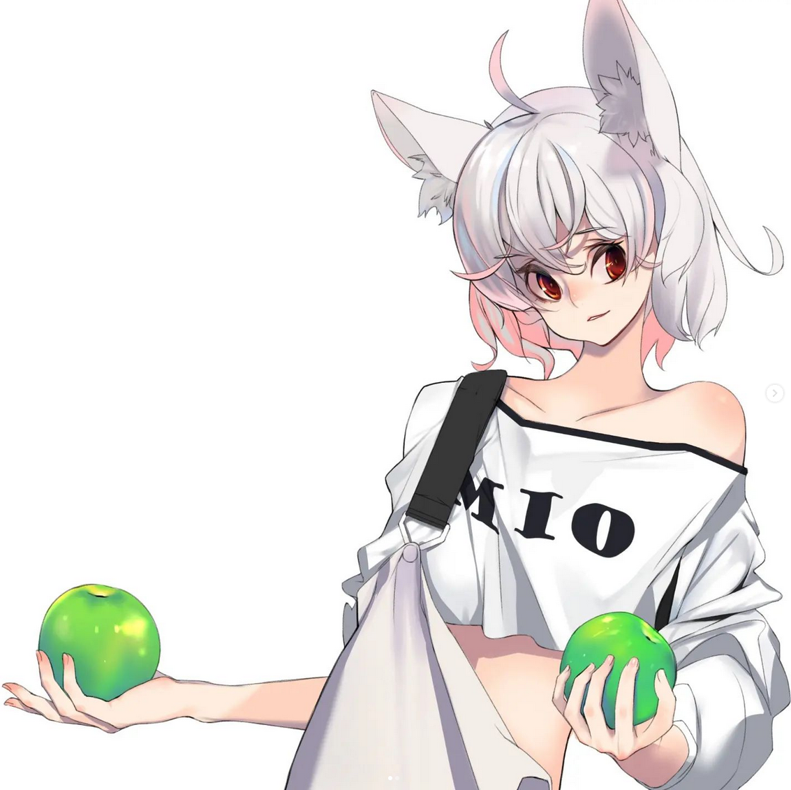 a digital illustration of an animestyle girl, likely a "wolf girl" due to her wolf ears, holding two green apples out towards the viewer with a friendly expression. she has white hair with pink highlights, red eyes, and is wearing a white cropped, offtheshoulder "mio" graphic tee and loosefitting overalls with one strap undone.