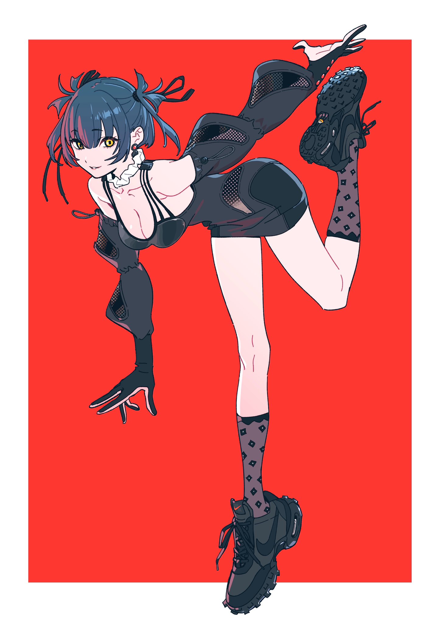he image is a digital illustration of a stylish anime girl. she is depicted in a dynamic pose, one leg raised, showcasing her streetwear attire. her outfit includes a black mini dress with mesh detailing, long black gloves, patterned socks, and chunky nike sneakers. her hair is dark blue, styled in two buns, and her eyes are striking yellow. the background is a vibrant red, providing a strong contrast to her outfit. the overall style is a blend of anime and streetwear aesthetics, with clean lines and bold colors. the image appears to be a character design or piece of fan art, possibly for a game or animation.
