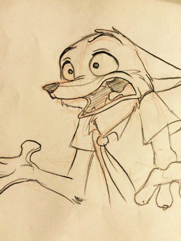 a pencil sketch depicts a cartoon fox character in a state of surprise or worry. the fox has wide, startled eyes and an open mouth, suggesting strong emotion. it is wearing a shirt and its hands are extended, possibly in a gesture of alarm. the style is typical of animation storyboards or character development art.
