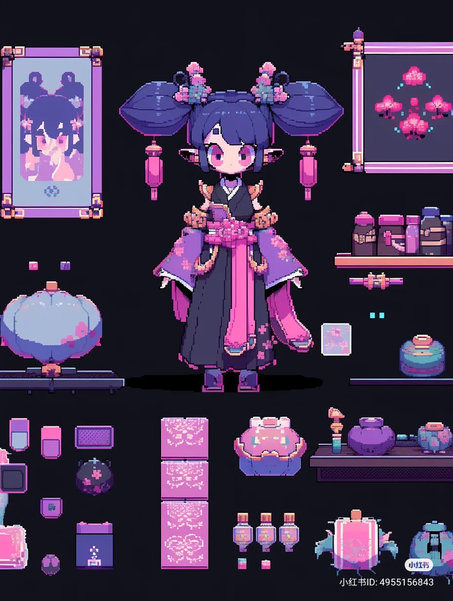 the image showcases a pixel art character design likely for a video game. a young girl with blue hair in a pink and purple kimono stands at the center. surrounding her are various assets likely representing her inventory or a shop. these include potions, cosmetics, decorative items, and clothing elements, all designed in a cute and colorful pixel art style. the background is dark, making the character and items pop.
