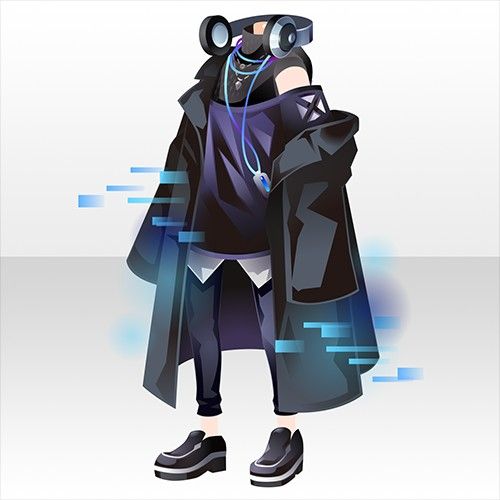 a digital fashion illustration showcases a sleek, futuristic outfit against a neutral gray backdrop. the ensemble features a long, black trench coat with exaggerated lapels, paired with black joggers and chunky black shoes. a black, sleeveless top adds a touch of rebellion. the figure is faceless, with only the back of a head and a pair of futuristic headphones visible.  blue, digital accents around the coat and headphones hint at a techsavvy or cyberpunk theme.  content: illustration people:  environment:  lighting:  perspective:  kw: fashion, outfit, futuristic, cyberpunk, digital art, trench coat, headphones, black, blue, techwear, stylish, modern, cool