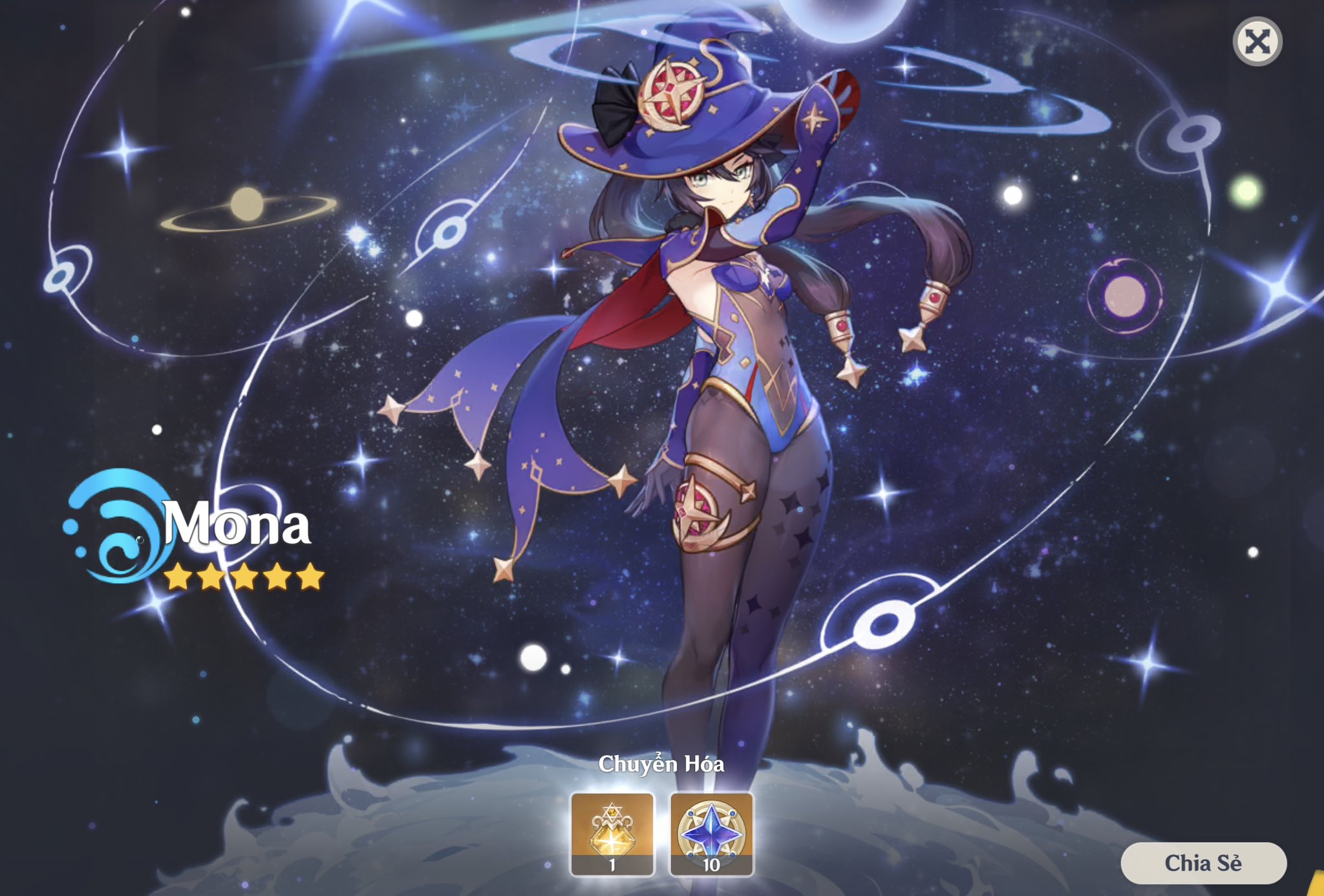 this is a screenshot from the mobile game genshin impact, showing the character mona.  the image is a promotional or ingame screen showcasing mona's fivestar rating and offering the option to upgrade her constellations using stardust and starglitter.  mona is depicted in her outfit with a celestial and astrological theme. the background is a dark, starfilled space.  the vietnamese words "chuyển hoá" (transformation) and "chia sẻ" (share) are visible on the screen.  the overall aesthetic is animestyled fantasy art.