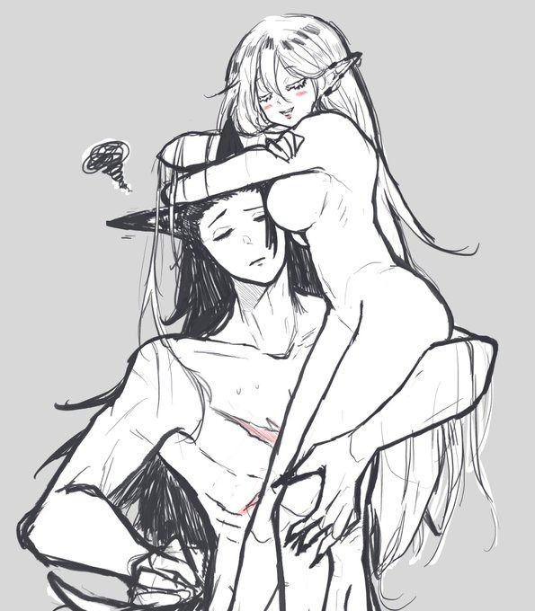 the image is a grayscale sketch or drawing in an anime/manga style. it depicts a slender, naked elflike woman with long hair sitting on and embracing a larger, muscular man who has visible scars across his chest.  the woman's expression is gentle while the man's is more subdued, possibly tired or resigned. the style is somewhat rough and sketchy, lending a spontaneous and emotional feel to the artwork. there's a small, stylized swirl near the man's head, which could be interpreted as a visual representation of exhaustion or a thought bubble. the overall mood is intimate, with a hint of vulnerability and possibly a narrative suggesting a complex relationship between the two figures.