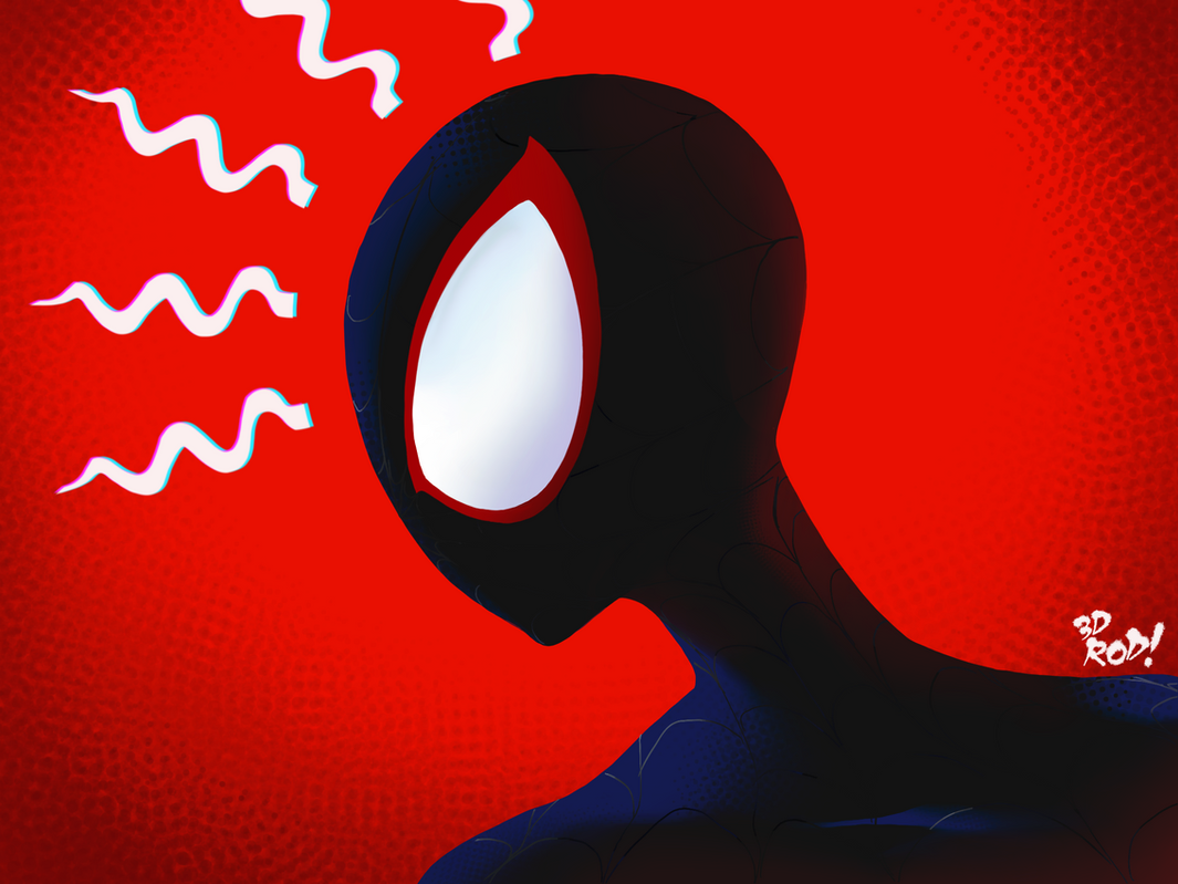a digital illustration of miles morales' spiderman with a red and blue suit and white eyes, against a red background with white question mark patterns. miles looks confused.