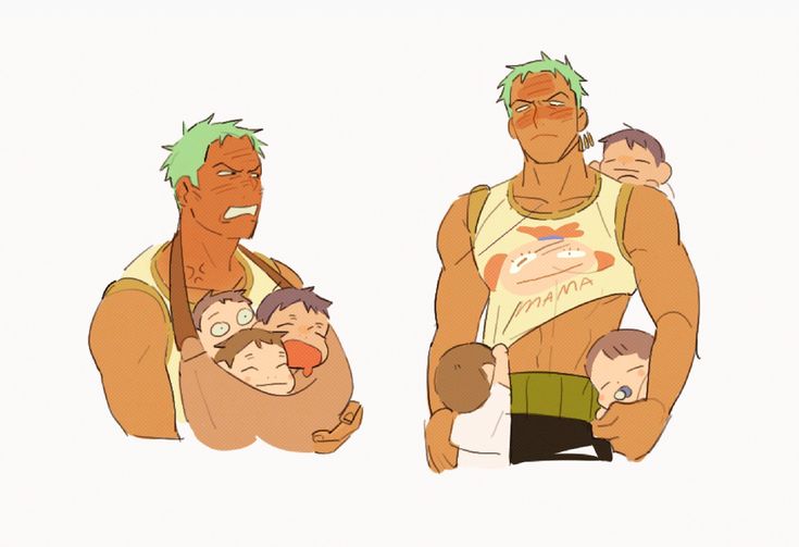 this image is a fanart depicting roronoa zoro from the anime and manga series "one piece".  the drawing is in a chibiesque style. it shows two versions of zoro: one carrying several babies in a baby carrier, looking stressed and slightly angry; and another with babies clinging to him, appearing more tired but still managing the situation.  both versions of zoro are shirtless or wearing a short tank top with a "mama" design on it, showcasing his muscular physique. the babies are drawn in a cute and simple way. the overall tone of the image is humorous, contrasting zoro's imposing figure with the numerous babies he's looking after.
