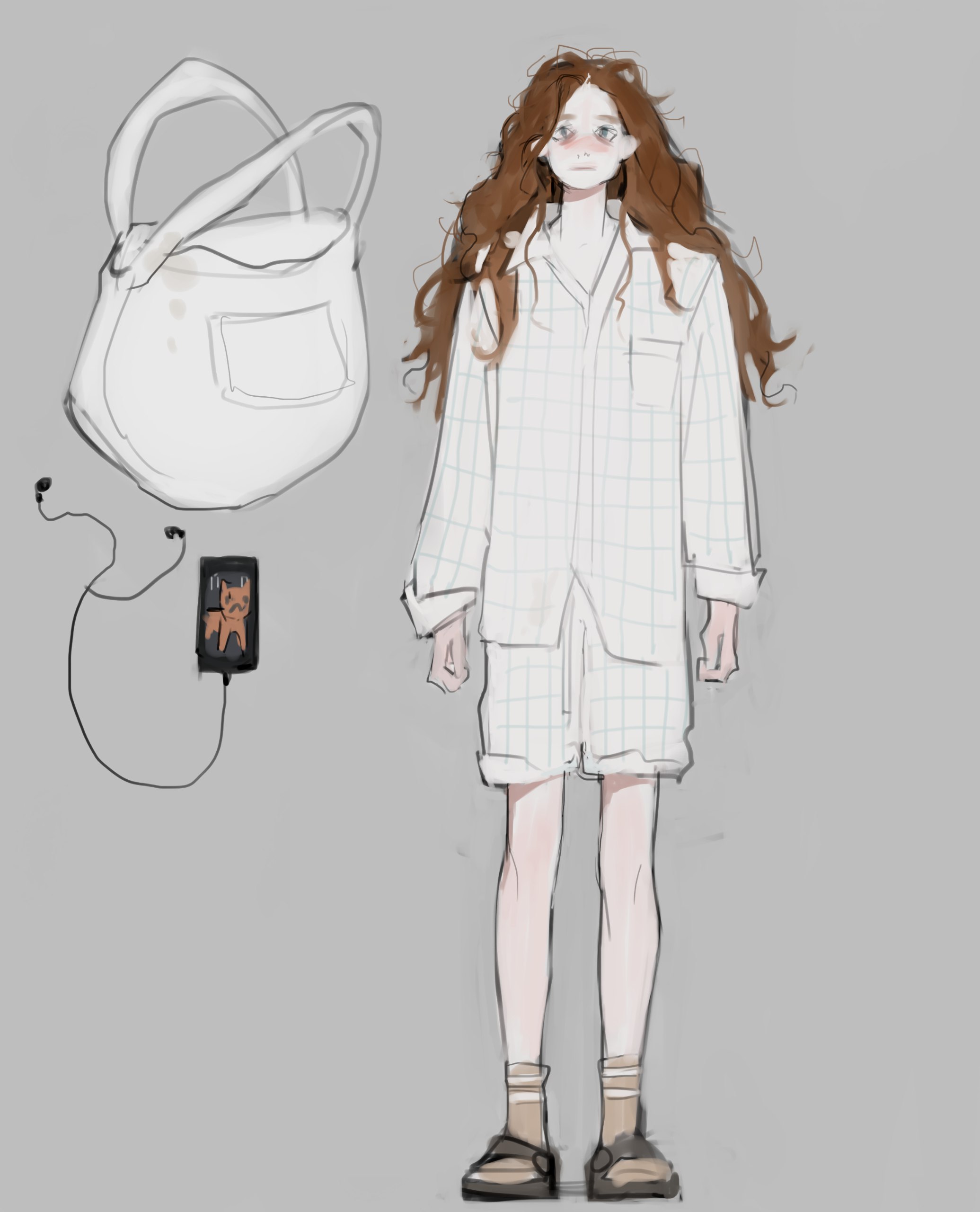 the image depicts a young woman sketched in a relaxed, loose style of digital art. she is wearing an oversized, checkered pajama set consisting of a buttonup shirt and shorts, paired with socks and sandals. her long, curly hair falls around her shoulders.  beside her, a simple white tote bag, earphones, and a phone are illustrated, suggesting a casual outing or errand run. the color palette is soft and muted, contributing to the overall minimalist aesthetic.