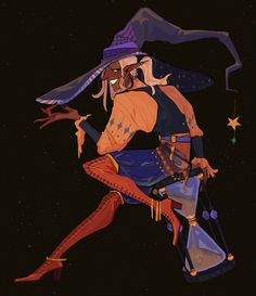 a stylish witch with long, flowing white hair and a mischievous grin is depicted against a dark, starry background. she's clad in an elaborate, multicolored outfit featuring a flowing cape, a cropped top, and thighhigh boots.  her attire is adorned with stars and celestial motifs.  she confidently poses with one hand outstretched and the other grasping an ornate hourglass, symbolizing her command over time and magic.