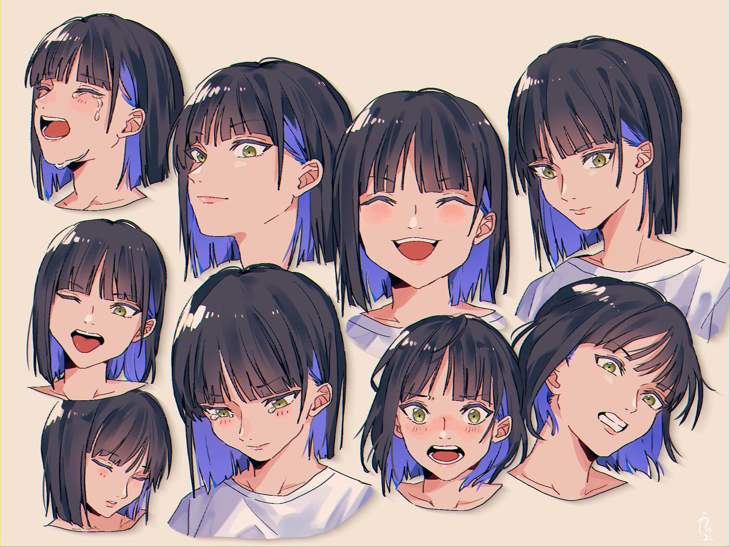 he image contains a collection of nine animestyle female character portraits, each displaying a different facial expression.  the character has short, dark hair with streaks of blue or purple.  the expressions range from happy and surprised to sad and angry, showcasing a variety of emotions. the art style is soft and slightly painterly, with a focus on capturing the character's expressiveness. the background is a simple, light beige.