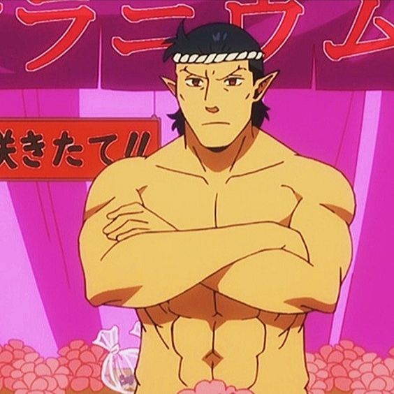 an anime screenshot of a muscular man with crossed arms standing in front of a pink flower stand. he has tan skin, black hair, pointed ears, and is wearing a white headband. he is shirtless and has a serious expression on his face. the background is pink with japanese text at the top and on the left side of the image.