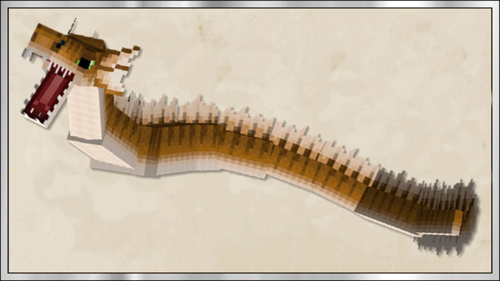 a pixelated image of a brown dragon with a long serpentine body and a spiky back is shown against a beige background framed by a silver border. the dragon is facing left with its mouth open.