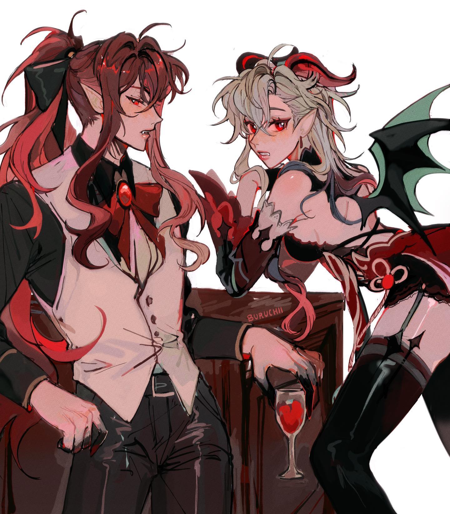 he image is a digital painting or illustration featuring two animestyle characters.  one is a male character with long, dark red hair tied back in a ponytail, wearing a dark suit and waistcoat. he has pointed ears suggesting a vampire or similar supernatural being.  the other character is female, with light blond hair and dark red/maroon attire that includes small horns and large batlike wings.  she's wearing a corsetlike top and thighhigh stockings. they appear to be in a romantic or perhaps antagonistic pose, leaning close together, with the male character holding a wine glass. the art style is highly stylized and detailed, with a focus on dramatic lighting and coloring. the background is plain white.