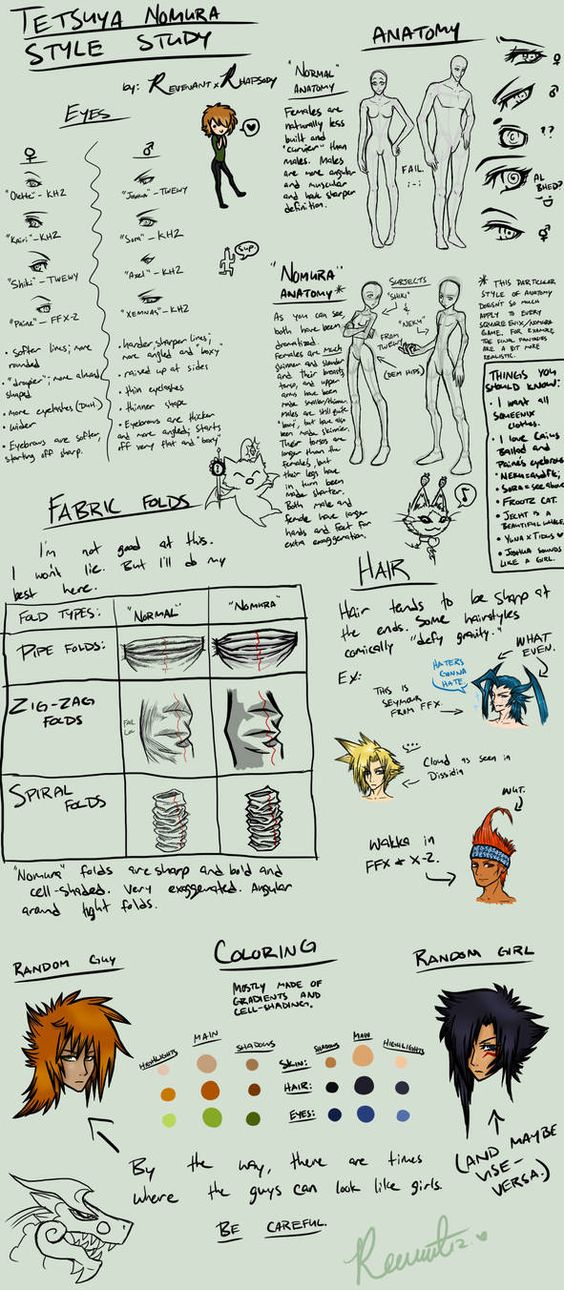 the image is a scan of a handdrawn page, serving as a style study for the artist tetsuya nomura. it is filled with various sketches, diagrams, and handwritten notes analyzing different aspects of nomura's style. the page is divided into sections focusing on key areas: eyes: showcases various eye shapes and details typical of nomura's style.  anatomy: presents simplified anatomical figures, highlighting proportions and posing common in his work. fabric folds: breaks down different fold types (pipe, zigzag, spiral) with labeled examples to demonstrate their structure and shading. hair: illustrates hairstyles with exaggerated spiky ends, a signature trait of nomura's designs. coloring: offers a limited color palette typically used by the artist, showcasing skin tones, hair colors, and clothing shades.the page also includes random character sketches showcasing the application of the analyzed stylistic elements.  overall, the page acts as a visual guide attempting to deconstruct and understand the unique artistic language of tetsuya nomura.