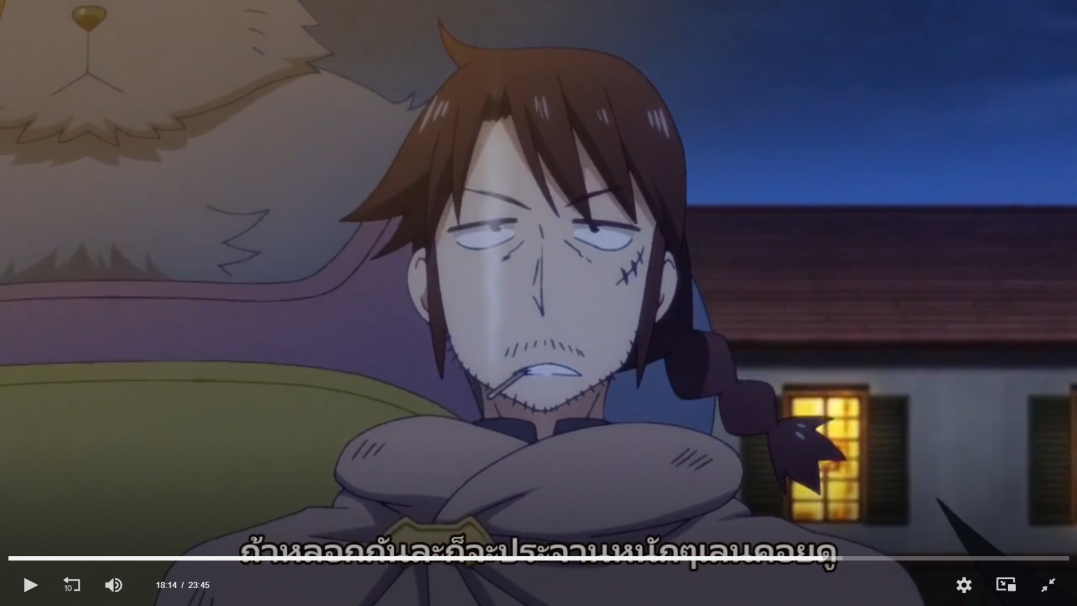 the image shows an anime character, a man with brown hair and a beard. he is sitting with a furry creature, and is looking down with a sad expression. the man is concerned and a little frustrated. he appears to be in a dark, nighttime scene. the man is wearing a brown coat with a collar and has several scars on his face.