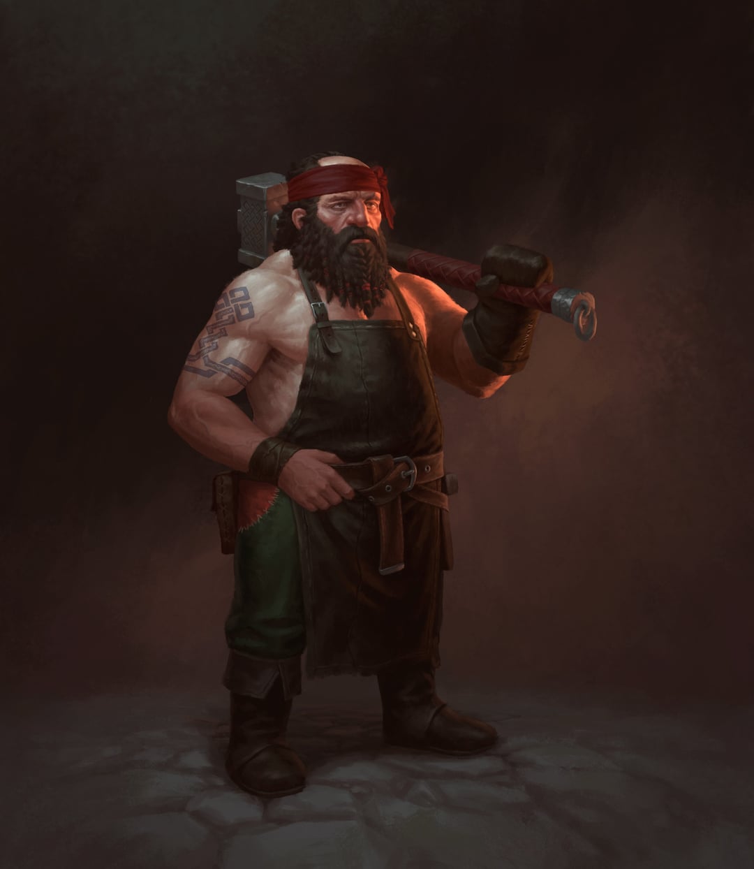 a dwarf blacksmith stands in a dimly lit forge, his muscular arms resting on a heavy hammer. he wears a leather apron over dark clothing, his gaze steady and strong. the warm glow of the forge fire illuminates his face and the intricate tattoos on his arm, highlighting the tools of his trade.