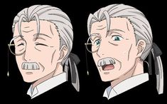 the image shows two headshots of the same anime character, an elderly man with white hair tied back in a ponytail, a mustache, and round eyeglasses. he is wearing a white collared shirt and a dark jacket. the headshot on the left shows the man with his eyes closed and a concerned expression. the headshot on the right shows the man with his eyes wide open and his mouth slightly open as if he is surprised or about to speak. the background is black.