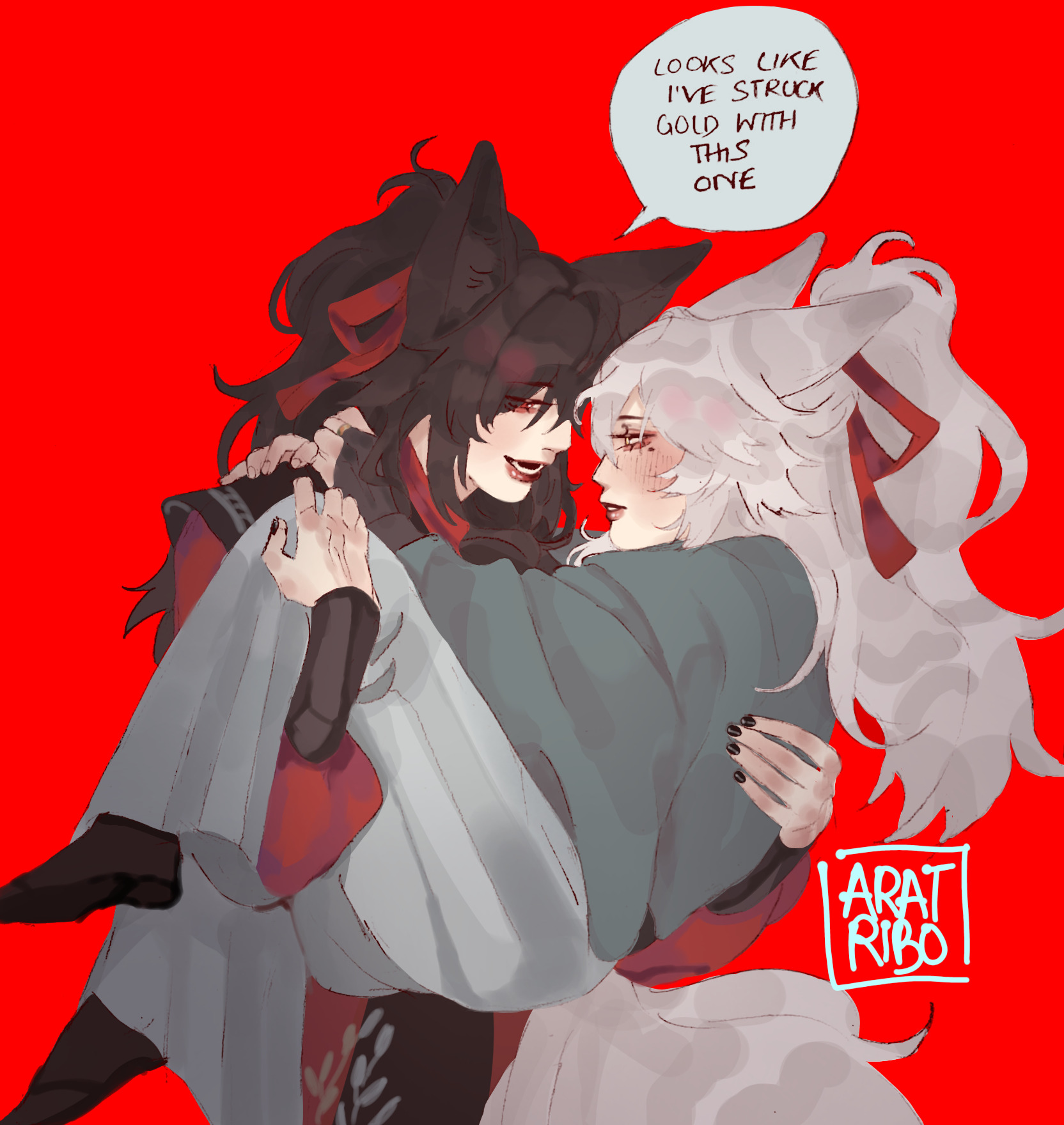this is a digital drawing of two anime girls, one with black hair and the other with white hair. they are hugging each other tightly and looking into each other's eyes. the blackhaired girl is holding the whitehaired girl in her arms. the blackhaired girl is blushing and looking at the whitehaired girl with love. the whitehaired girl is also blushing and smiling slightly. the background is a solid red color. the picture is filled with happy and romantic vibes and implies the girls are in love. the words "looks like i've struck gold with this one" is seen in a thought bubble above the head of the blackhaired girl. the words "arat ribo" is written in a rectangular box in the bottom right corner of the picture.