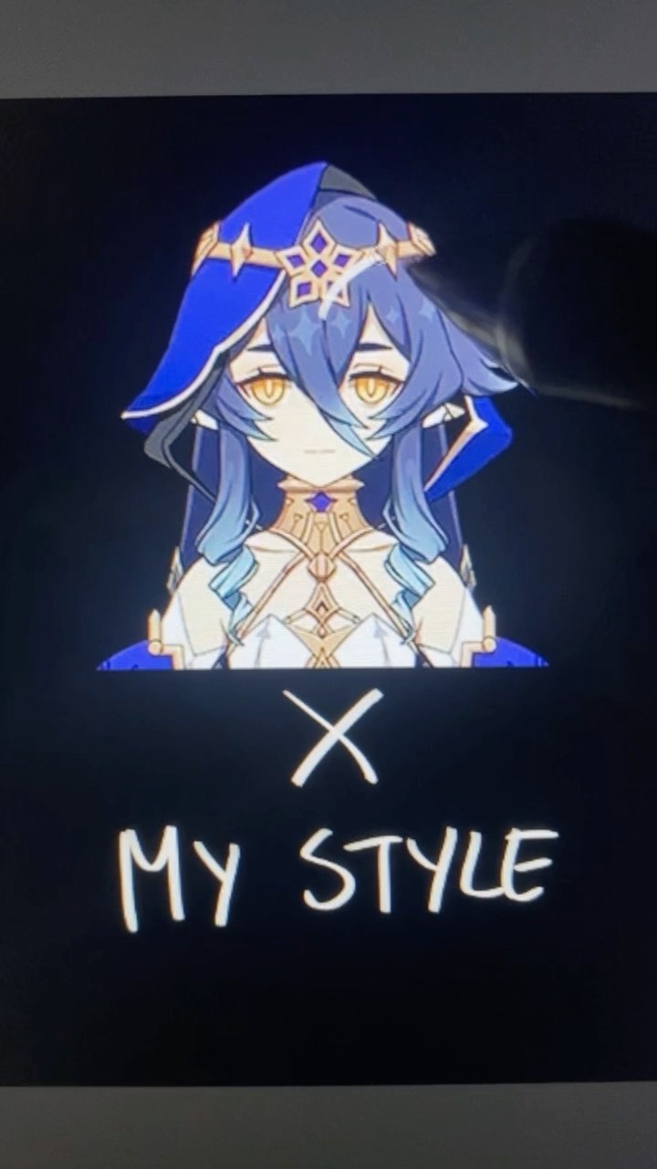 the image features a stylized digital drawing of raiden shogun from genshin impact.  the artwork presents her in a unique outfit, different from her ingame appearances. the character is depicted from the chest up, showcasing her elaborate headwear and clothing details.  the background is black, and text overlayed on the image reads "x" and "my style," suggesting a custom design or interpretation of the character. the style is animeinspired, with a focus on detailed features and a color palette that complements the character's usual aesthetic.