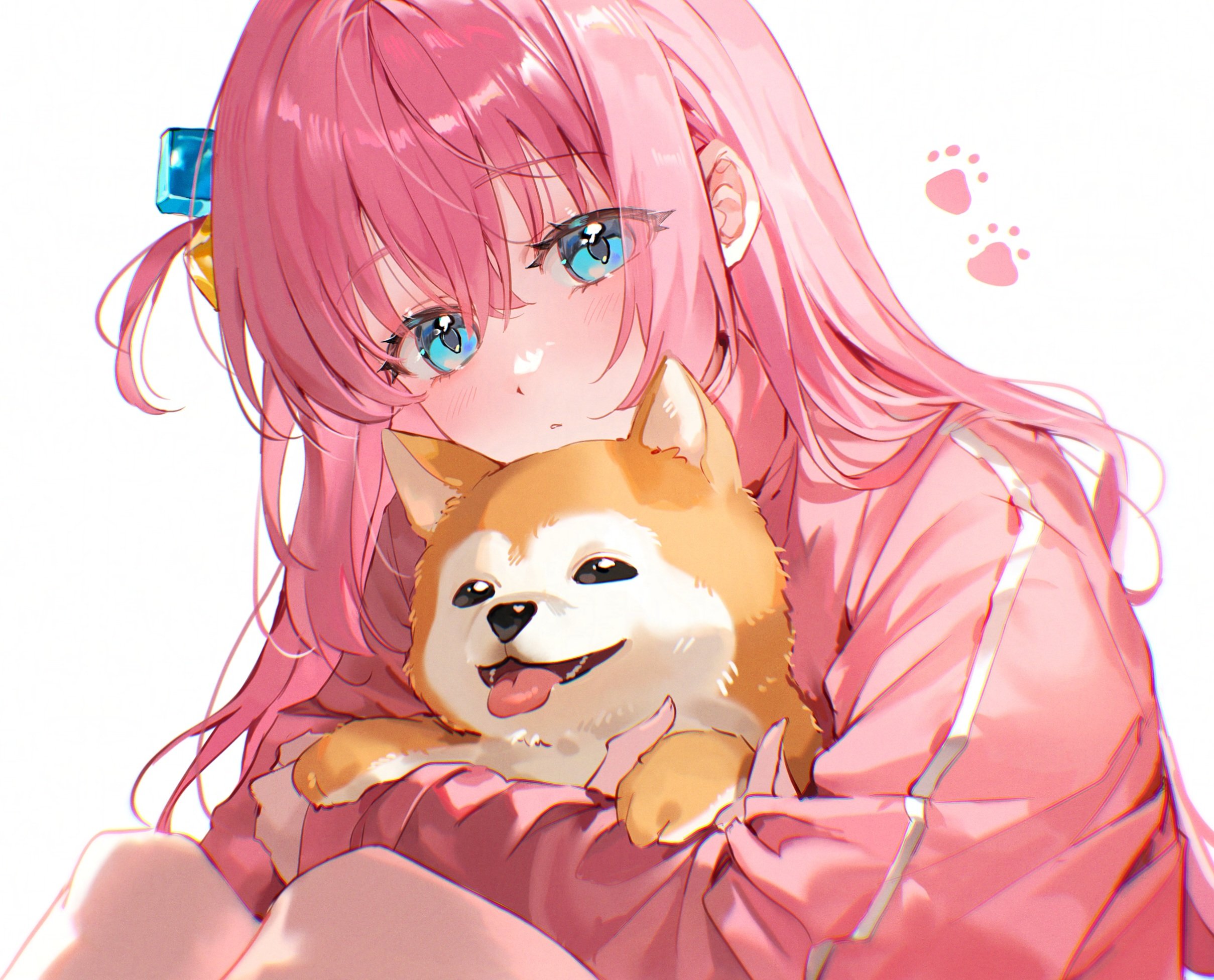 the image is a digital drawing of a cute anime girl with long, pink hair and bright blue eyes. she's wearing a light pink jacket and is gently hugging a small, adorable shiba inu puppy.  the girl has a slight blush on her cheeks and a sweet expression. the background is a simple, light color, drawing attention to the girl and her pet. the overall style is soft, pastel, and very kawaii.  there are small paw prints subtly placed in the upper right corner.
