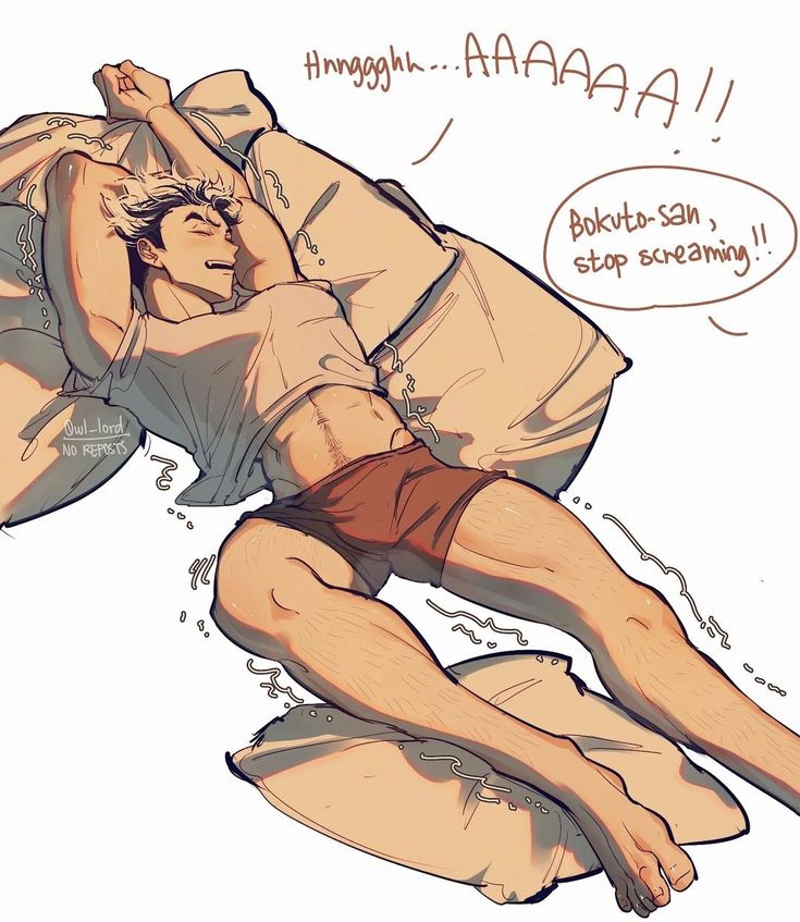 this is a drawing of bokuto from the anime haikyuu. he is asleep in bed with his arms outstretched above his head, as if he is still half asleep. he has several pillows around him and is dressed in a white shirt with red shorts. the drawing style is cartoonish, but the characters are realistic and detailed. the art style is mostly shaded with a warm color palette. the scene is lively and interesting.
