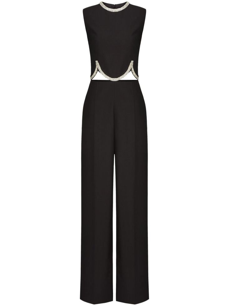 a black sleeveless jumpsuit with a wide leg and beaded embellishments. the jumpsuit has a cutout at the waist. it looks formal and elegant.