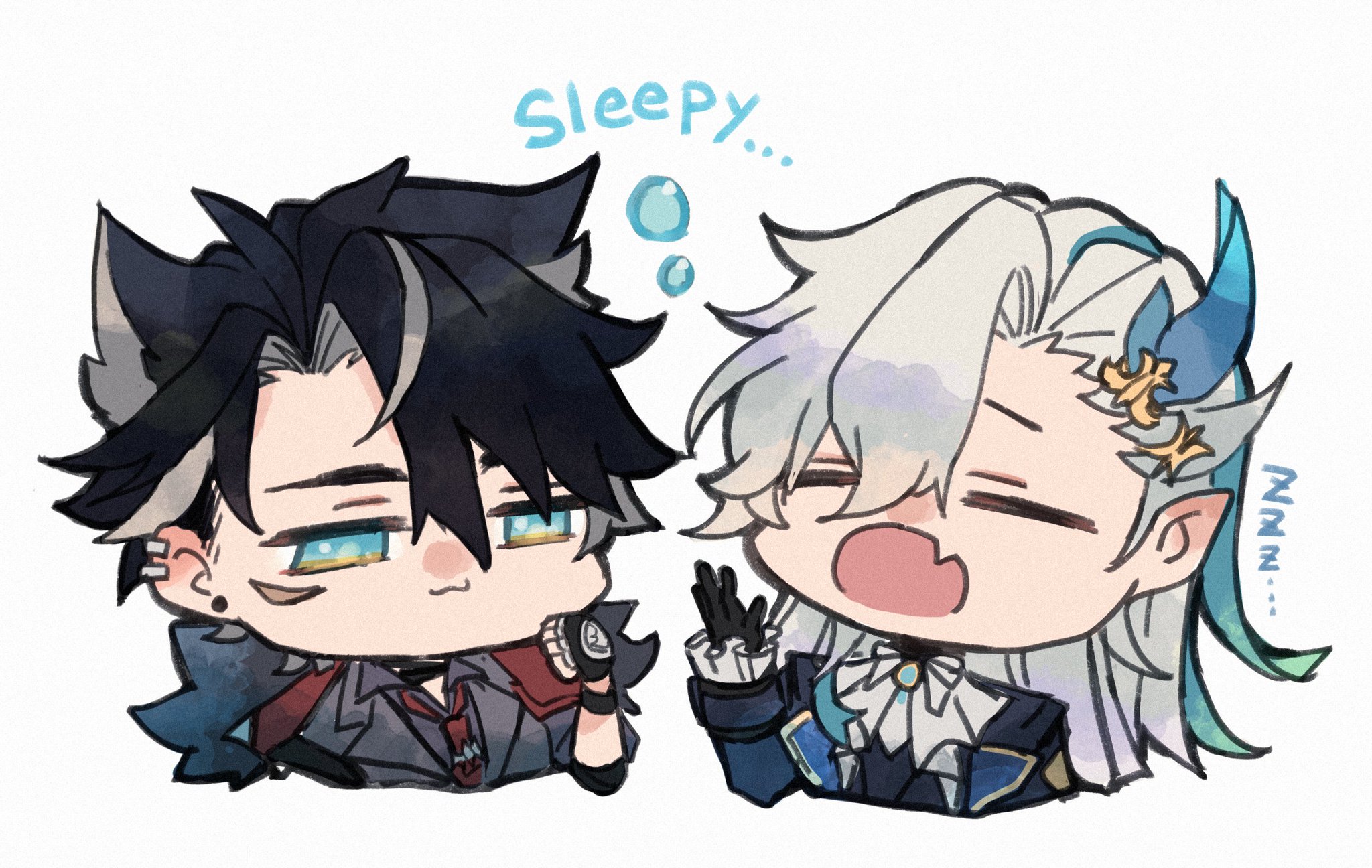 this is an anime illustration of two chibistyle cartoon boys. the boy on the left is wearing a gray jacket and has black hair. he's holding a watch in his hand. the boy on the right is wearing a navy blue jacket with gold accents and has white hair with light blue strands. he is yawning. they appear to be friends. the boy on the left is saying "sleepy..." in a thought bubble above his head. the boy on the right has zzz's in a thought bubble above his head.  the background is white.