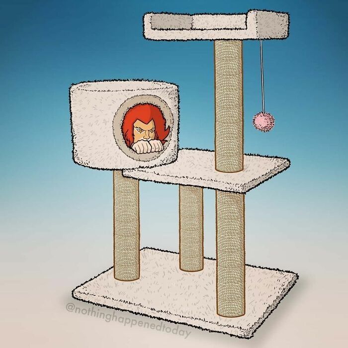 a cartoon image features a fluffy, multitiered cat tree with a cartoon character with red hair peeking out from the enclosed sleeping compartment. the cat tree has sisalwrapped posts for scratching and a small dangling pink pompom toy. the character looks grumpy, with their hands clasped under their chin. the cat tree is set against a blue gradient background.