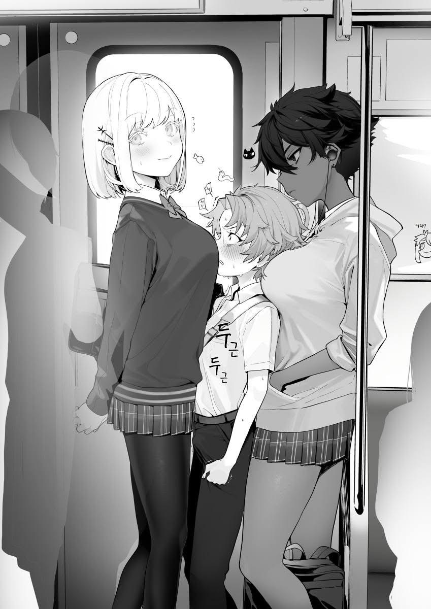 the image is a black and white manga illustration of three people on a train. on the left is a tall woman with short, lightcolored hair, wearing a school uniform with a sweater. next to her is a shorter man with red hair, blushing and appearing embarrassed, possibly from being pressed between the two women. on the right is another tall woman with dark skin and short, dark hair, wearing a hoodie and a skirt, seemingly holding the man close. the scene conveys a crowded public transport setting with suggestive content due to the close proximity and implied contact between the characters. there are indistinct figures around them, suggesting a bustling environment.