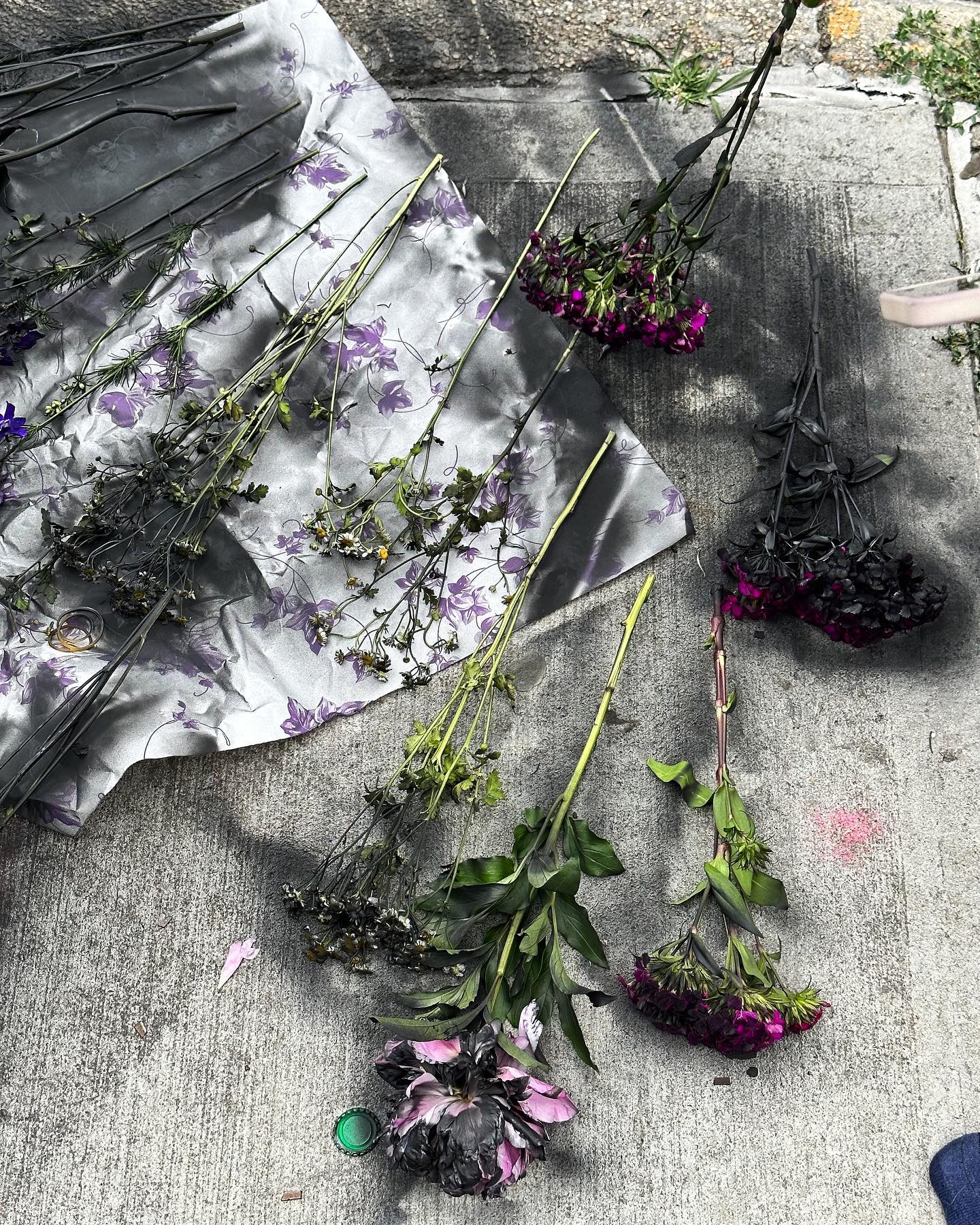 an eyelevel shot shows a floral arrangement, including several dried flowers, lying on a sheet of patterned fabric placed on a concrete ground. the dominant colors are shades of grey and purple. the flowers are scattered, with some partially on the fabric and others directly on the concrete. the dried flowers have stems and heads, some with remaining leaves.