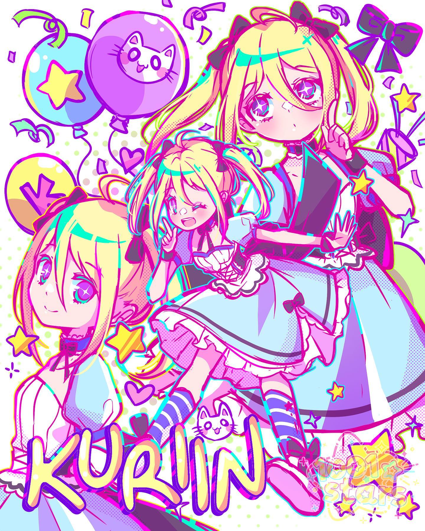 the image is a vibrant, colorful digital illustration in an anime/manga style. it features three cute, stylized girls dressed in pastelcolored dresses and accessories. they are surrounded by whimsical elements like balloons (including one shaped like a cat's head), stars, hearts, and ribbons. the overall aesthetic is extremely "kawaii" (cute) and incorporates pastel shades of pink, purple, blue, and light blue.  the style is reminiscent of alice in wonderland and lolita fashion.  a large stylized name, "kurin," is prominently displayed. the illustration is likely fanart or a character design, with high attention to detail and vibrant colors.