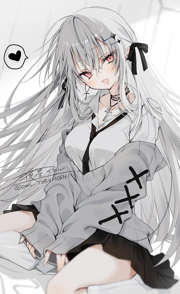 this is an anime illustration of a young girl with white hair, red eyes, and a cute expression. she is wearing a grey sweater with a black cross design and a black skirt. she is also wearing a black choker and black ribbons in her hair. she is smiling and looks very happy.