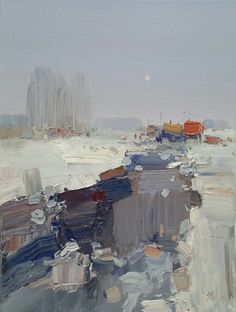 this impressionistic oil painting depicts a snowy river scene in winter. the river is mostly frozen over, with a few patches of open water visible.  on the right bank, there are several buildings and boats, rendered in loose brushstrokes of muted blues, grays, and browns.  the sky is a pale, overcast grayblue, with the faint suggestion of a setting sun on the horizon.  the overall atmosphere is one of quietude and stillness.