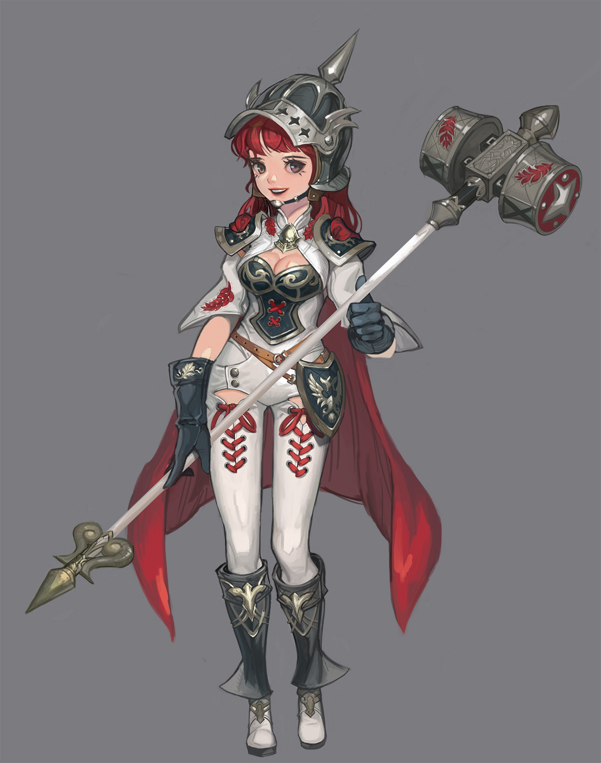 a female anime character in warrior attire holding a spear and a hammer. she is wearing a white and black armor with a red cape and a helmet. the character is drawn in a cartoon style with a bright and colorful palette.