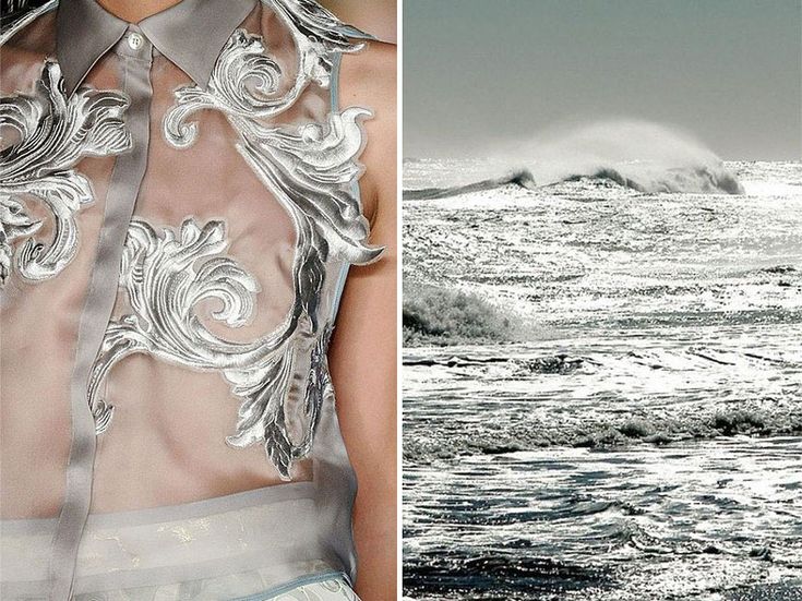 a silver embroidered sheer blouse with a white background and a picture of the ocean waves in the background. the ocean is grey, blue, and white. the waves are crashing in the distance. the embroidery on the blouse is intricate and detailed. the two pictures are split down the middle, showing the blouse on the left and the ocean on the right.