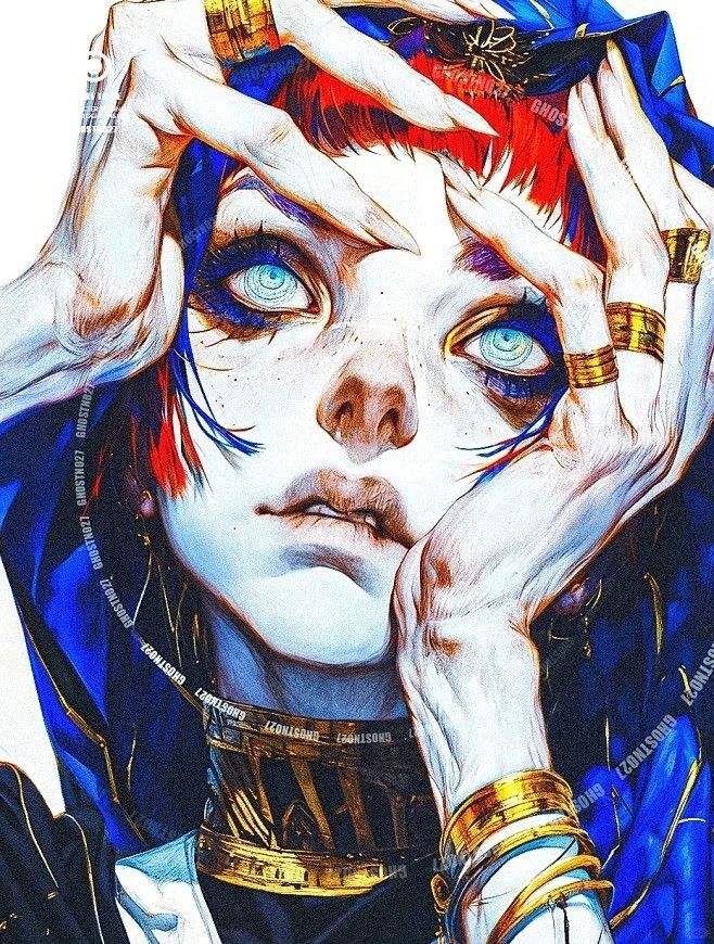 the image is a striking digital painting or illustration of a woman's face. she's depicted from the chest up, wearing a vibrant blue hooded garment. her hair is a bold red, and her eyes are a captivating light blue with swirling details, giving them an almost hypnotic quality.  she has fair skin, and her expression is one of pensive intensity or perhaps slight distress.  she is adorned with numerous gold bracelets and a gold collar, which add to the overall opulent and slightly mysterious feel.  her hands are prominently featured, gently framing her face. the style is highly stylized, blending elements of fantasy art, anime/manga influences, and a touch of surrealism. the use of color is bold and dramatic, with high contrast between the blues, reds, and golds. the overall effect is one of captivating beauty and intrigue.