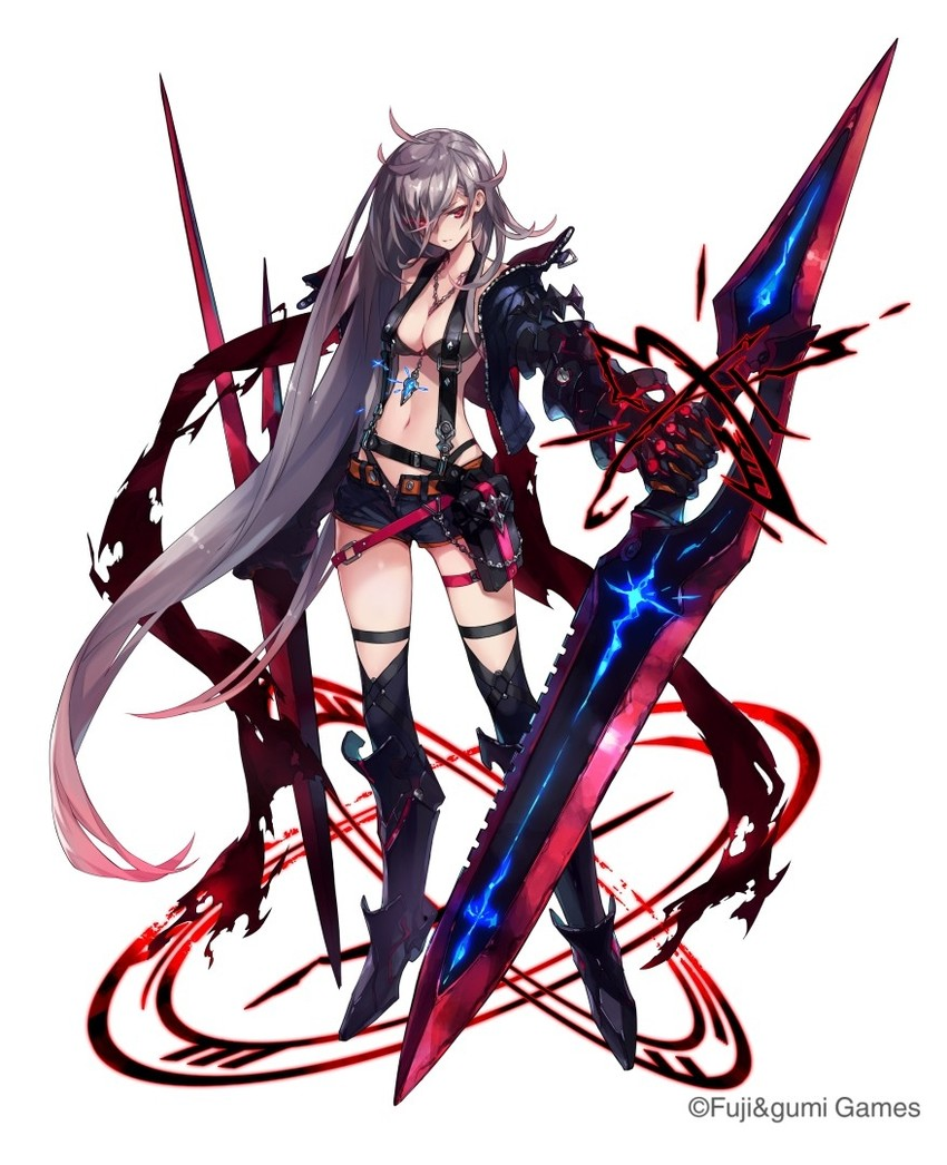 an anime girl character wearing black armor and shorts is holding a large blue and red sword in front of her. she has long silver hair and red eyes. the background is white.