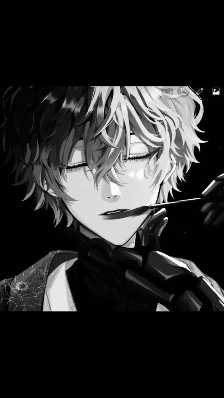 the image is a closeup, black and white digital drawing of an animestyle male character. he has long, somewhat disheveled hair that partially obscures his face. his eyes are closed, and his expression is serious, almost melancholic. he appears to be holding a sharp, thin object, possibly a knife, near his mouth.  he is dressed in dark, stylized clothing, which seems elegant and perhaps futuristic or gothic. the overall style is dark, mysterious, and dramatic, with strong contrast between light and shadow. the art is detailed and wellexecuted, showing a skilled hand at digital illustration.