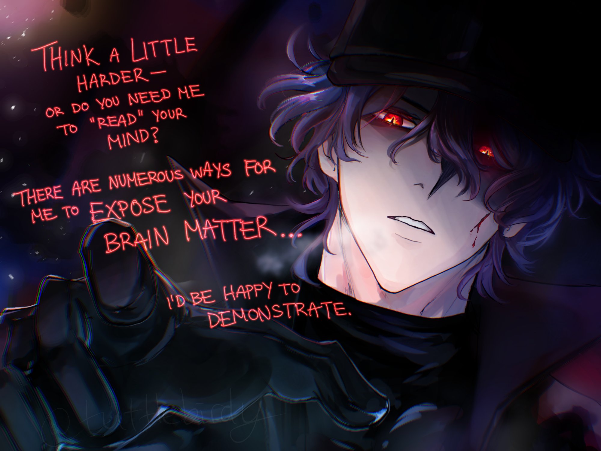 the image is a digital fanart piece depicting a stylized anime or mangastyle male character. he has long, purple hair, intense red eyes that glow, and is wearing a dark hat and clothing.  the character has a slightly sinister expression and what looks like minor bloodstains on his face.  glowing red text overlays the image, displaying a threatening message suggesting the character possesses psychic abilities, particularly mindreading, and is willing to demonstrate them forcefully. the overall aesthetic is dark, mysterious, and dramatic, with strong use of lighting and shadow.  the art style is highly detailed, with attention to detail in the character's features, hair, and clothing.