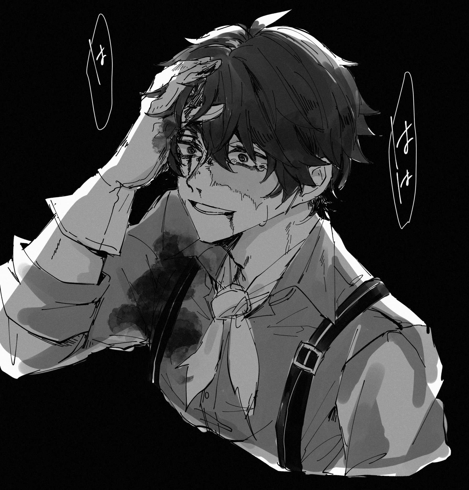 a black and white illustration of an anime character, a young man with short dark hair, appears to be injured with blood stains on his clothes. he is holding his forehead with a bandage and wearing a shirt and tie with suspenders. the man is portrayed in a gloomy and mysterious setting, with a dark and unsettling aura surrounding him. the overall mood of the image is one of suspense and concern.